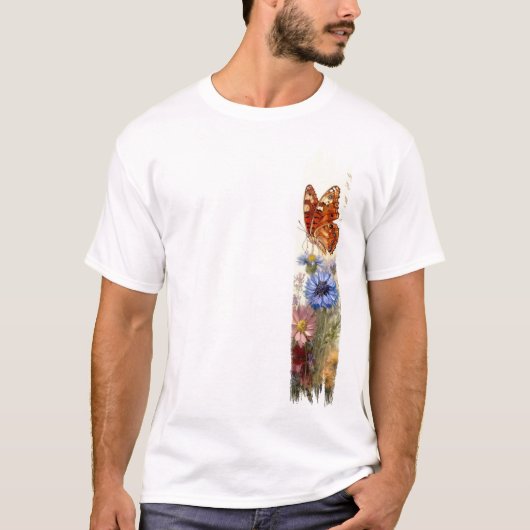 Vlinder tussen wilde bloemen penseelstreekverf t-shirt (Voorkant)
