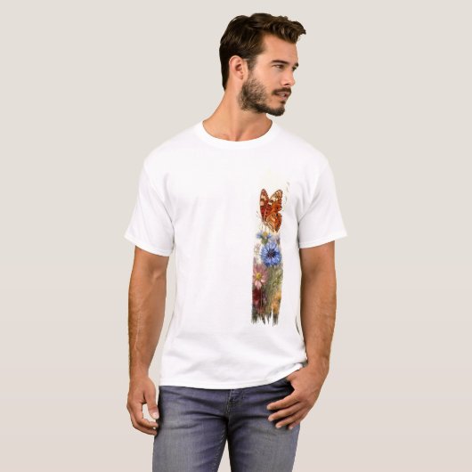 Vlinder tussen wilde bloemen penseelstreekverf t-shirt (Voorkant volledig)