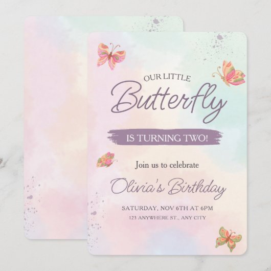 Vlinder uitnodiging, Pastel vlinders verjaardag Kaart (Voorkant / Achterkant)