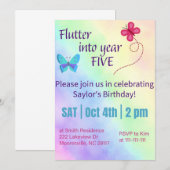 vlinder uitnodiging voor vijfde verjaardag (Voorkant / Achterkant)
