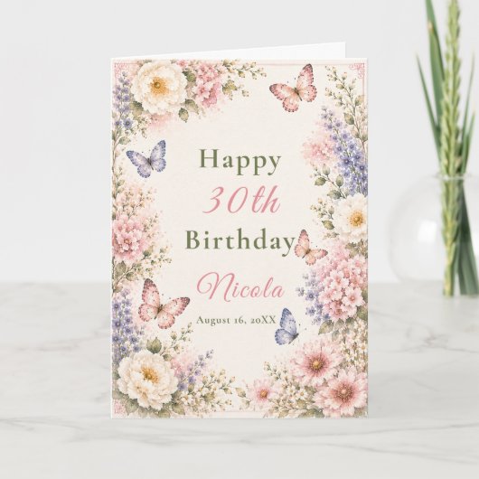 Vlinder Verjaardag Bloemen Kaart (Voorkant)