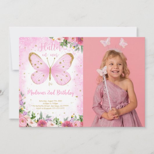 Vlinder Verjaardag Foto Uitnodiging (Voorkant)