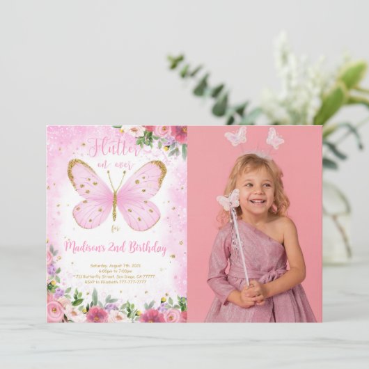 Vlinder Verjaardag Foto Uitnodiging (Staand voorkant)