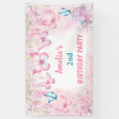 vlinder verjaardag meisje roze zomer bloemen banne spandoek (Verticaal)