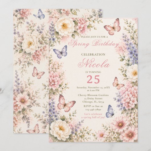 Vlinder Verjaardag met Bloemen Kaart (Voorkant / Achterkant)