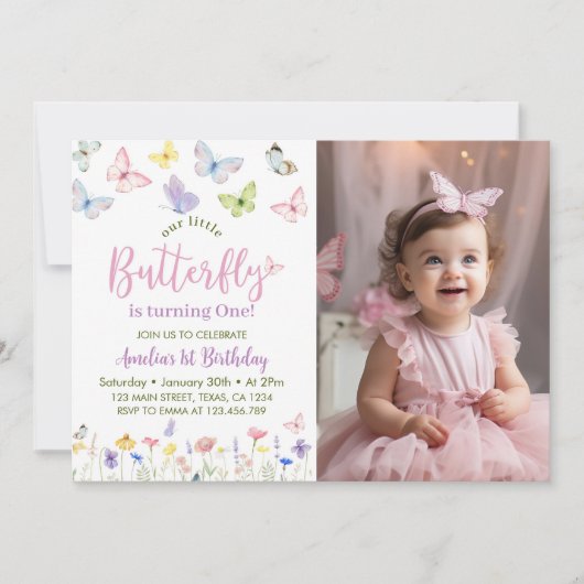 vlinder verjaardag uitnodiging baby meisje foto (Voorkant)