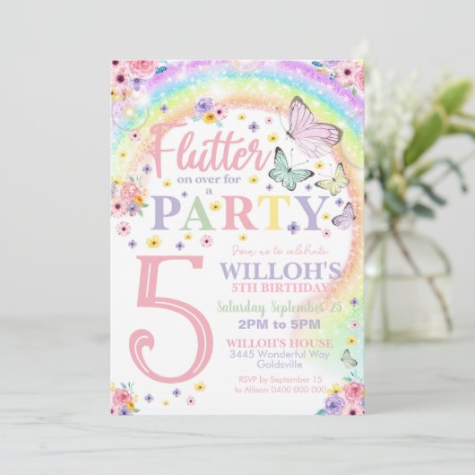 vlinder verjaardag uitnodiging regenboog vlinder (Staand voorkant)