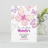 Vlinder verjaardagsfeest uitnodiging  (Staand voorkant)