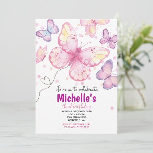 Vlinder verjaardagsfeest uitnodiging  (Staand voorkant)