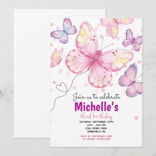 Vlinder verjaardagsfeest uitnodiging  (Voorkant / Achterkant)