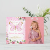 Vlinder Verjaardagsfoto Uitnodiging (Staand voorkant)