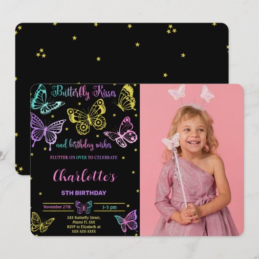 Vlinder Verjaardagsfoto Uitnodiging (Voorkant / Achterkant)