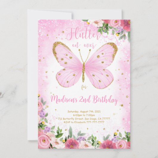 Vlinder Verjaardagsuitnodiging Kaart (Voorkant)