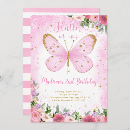 Vlinder Verjaardagsuitnodiging Kaart (Voorkant / Achterkant)