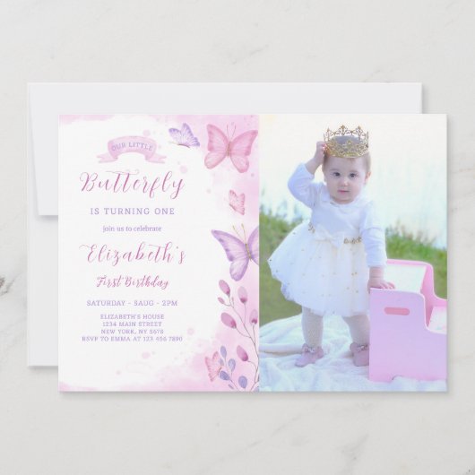 Vlinder verjaardagsuitnodiging met foto kaart (Voorkant)