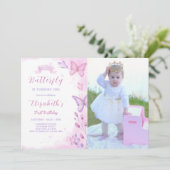 Vlinder verjaardagsuitnodiging met foto kaart (Staand voorkant)