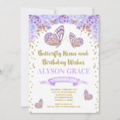Vlinder verjaardagsuitnodigingen, paars goud meisj kaart (Voorkant)