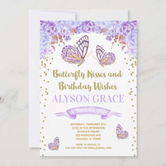 Vlinder verjaardagsuitnodigingen, paars goud meisj kaart (Voorkant)