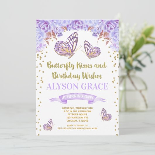 Vlinder verjaardagsuitnodigingen, paars goud meisj kaart (Staand voorkant)
