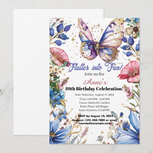 vlinder verjaardagsuitnodigingsontwerp kaart (Voorkant / Achterkant)