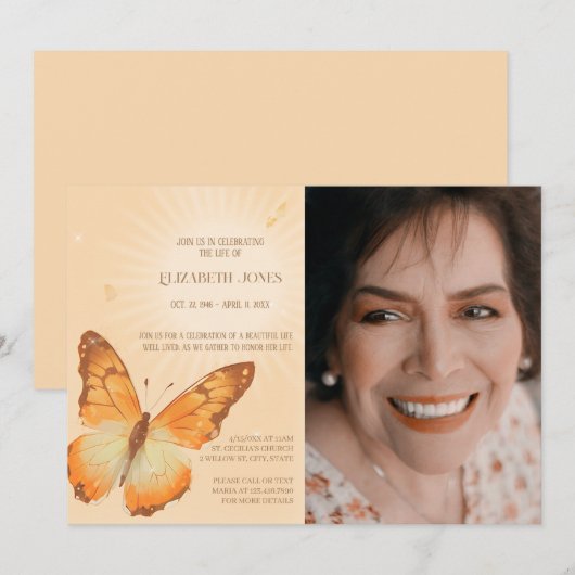 Vlinder viering van het leven met foto begrafenis kaart (Voorkant / Achterkant)