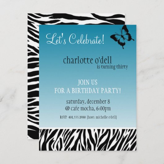 vlinder; viering van zebra print kaart (Voorkant / Achterkant)