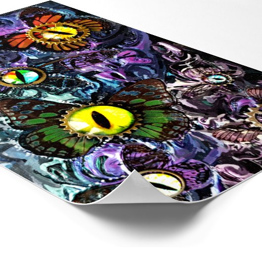 Vlinder vliegende ogen met uurwerk print poster (Hoek)