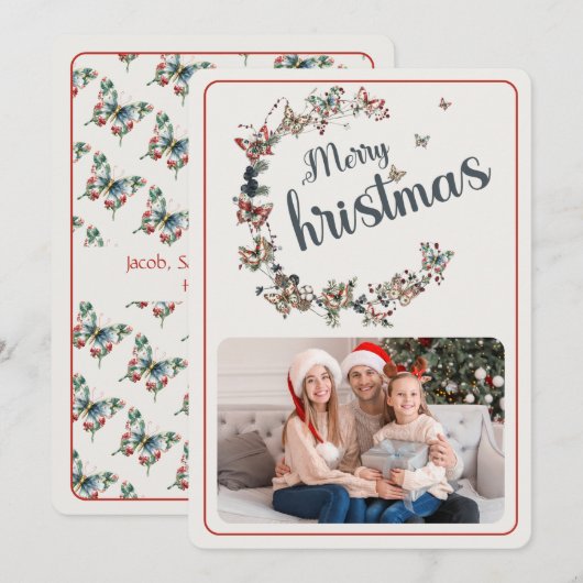  vlinder Vrolijk Kerstfeest Familiefoto Feestdagenkaart (Voorkant / Achterkant)
