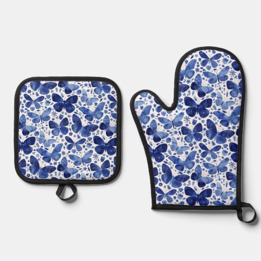 Vlinder Waterverf Blauw en Wit Ovenwant & Pannenlap Set (Voorkant)