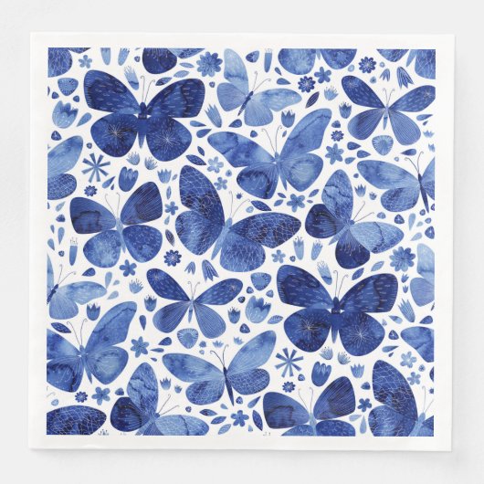 Vlinder Waterverf Blauw en Wit Patroon Servet (Voorkant)
