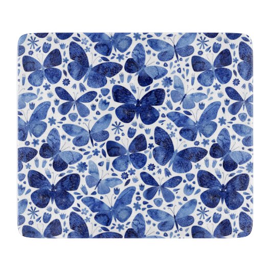 Vlinder Waterverf Blauw en Wit Snijplank (Voorkant)