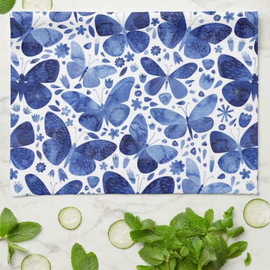 Vlinder Waterverf Blauw en Wit Theedoek (Gevouwen)