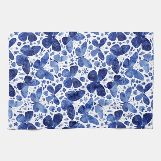 Vlinder Waterverf Blauw en Wit Theedoek (Horizontaal)