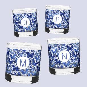 Vlinder Waterverf Blauw Monogram Initiaal Whisky Glas