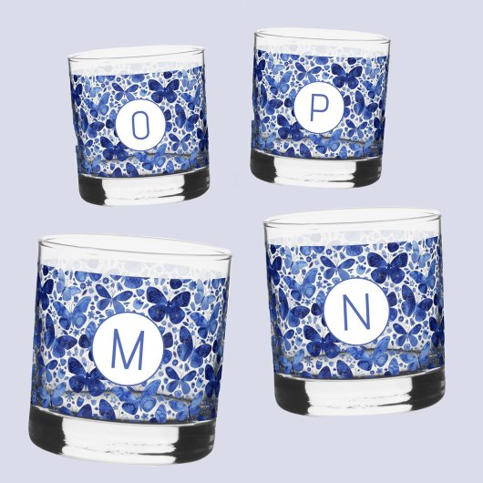 Vlinder Waterverf Blauw Monogram Initiaal Whisky Glas