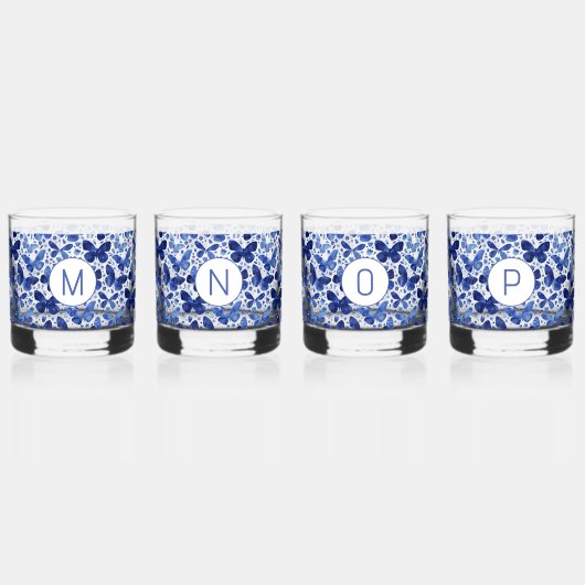 Vlinder Waterverf Blauw Monogram Initiaal Whisky Glas (Achterkant)