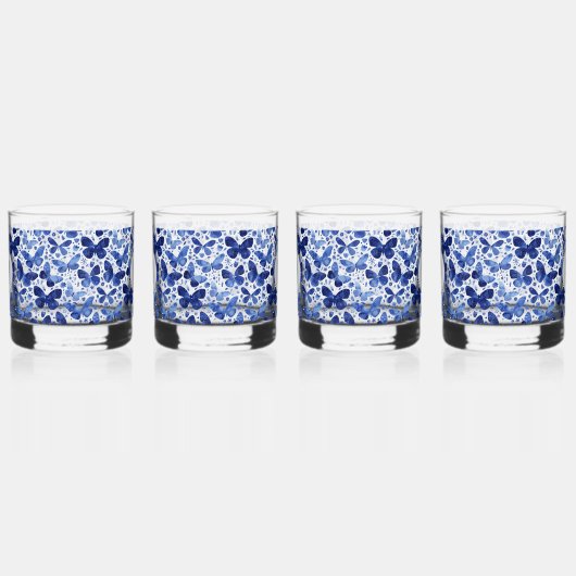 Vlinder Waterverf Blauw Monogram Initiaal Whisky Glas (Links)