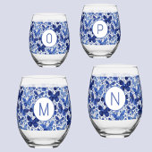 Vlinder Waterverf Blauw Monogram Initiaal Wijnglas Zonder Voet