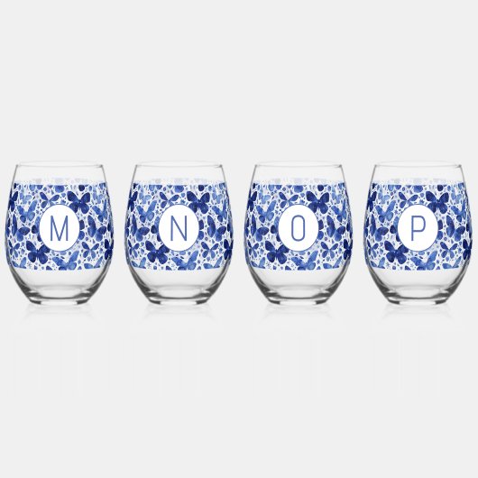 Vlinder Waterverf Blauw Monogram Initiaal Wijnglas Zonder Voet (Voorkant)