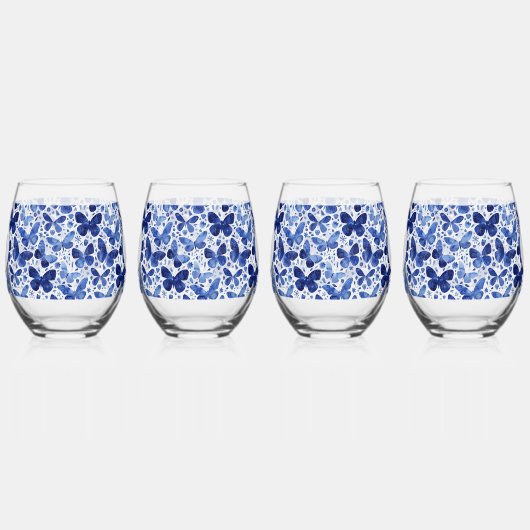 Vlinder Waterverf Blauw Monogram Initiaal Wijnglas Zonder Voet (Links)