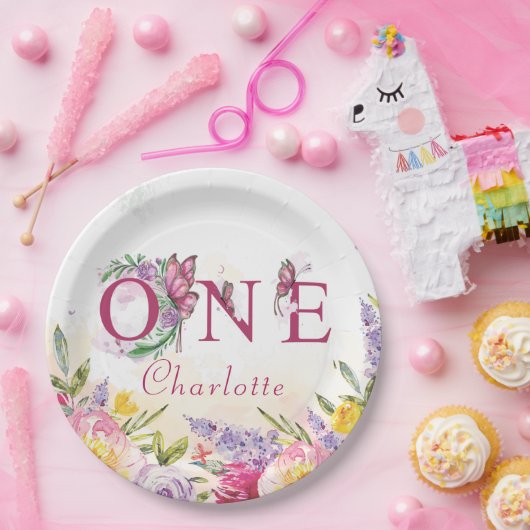 Vlinder Waterverf Bloemen Eerste Verjaardag Papieren Bordje (Feest)