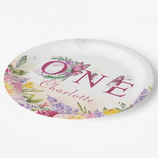 Vlinder Waterverf Bloemen Eerste Verjaardag Papieren Bordje (Gekanteld)