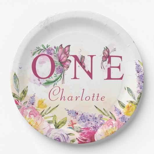 Vlinder Waterverf Bloemen Eerste Verjaardag Papieren Bordje (Voorkant)