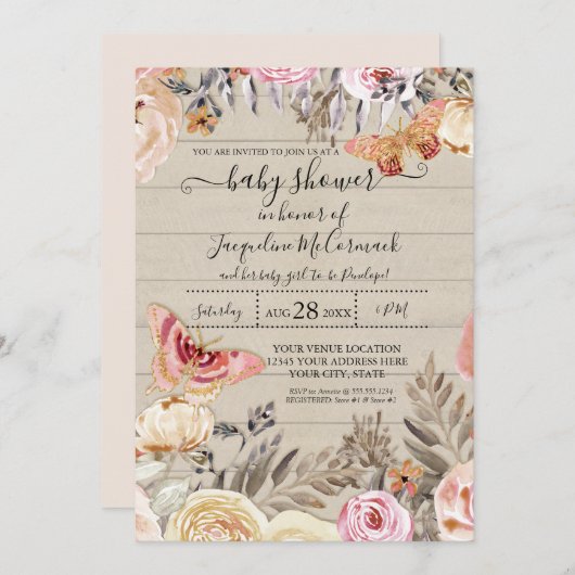 Vlinder Waterverf Blush Bloemen Roos Rustiek Hout Kaart (Voorkant / Achterkant)