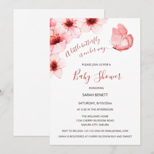 Vlinder Waterverf Cherry Blossom Baby shower Kaart (Voorkant / Achterkant)