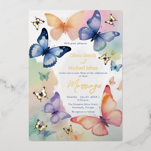 Vlinder Waterverf Goudfolie Uitnodiging (Voorkant)