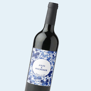 Vlinder Waterverf Indigo Blauw Bruiloft Wijn Etiket
