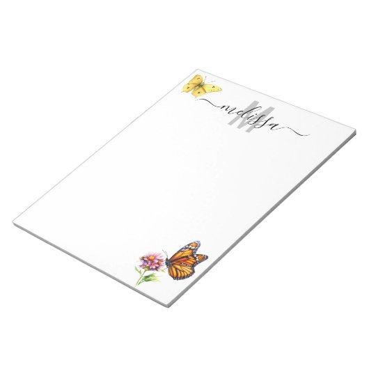 Vlinder Waterverf Monogram Naam Notitieblok (Schuin)