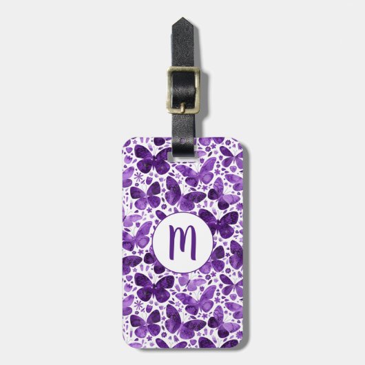 Vlinder Waterverf Paarse Monogram Bagagelabel (Voorkant verticaal)