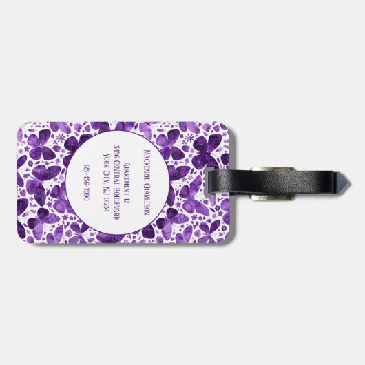 Vlinder Waterverf Paarse Monogram Bagagelabel (Achterkant horizontaal)
